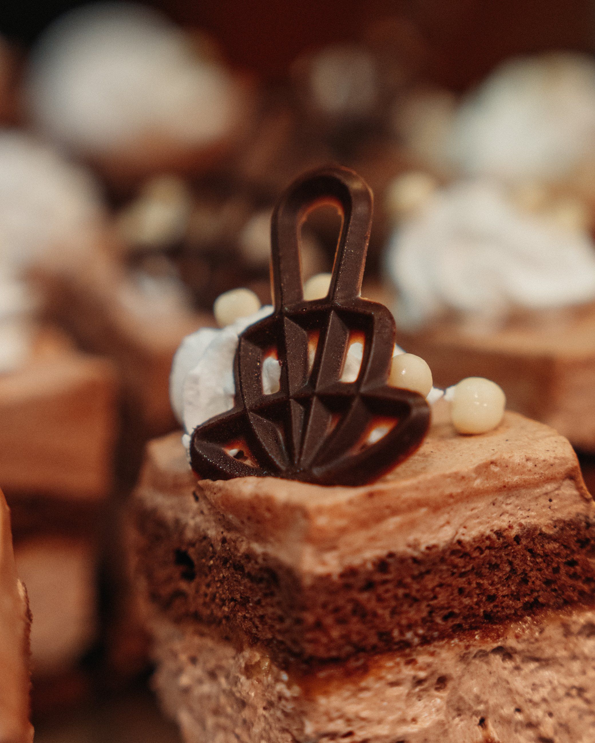 Chocolate dessert with a sculpted topping on the buffet