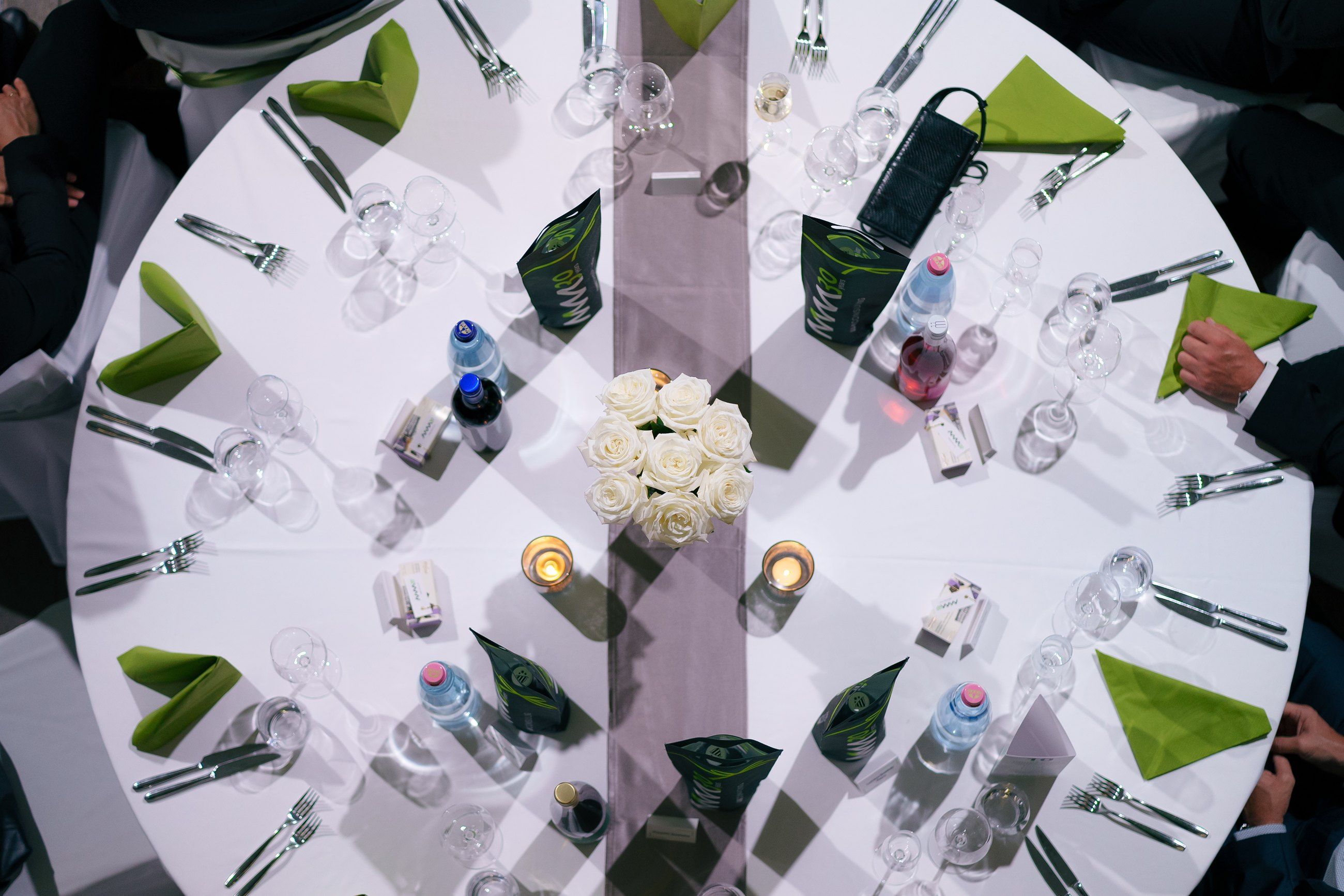 Overhead view of a set round banquet table
