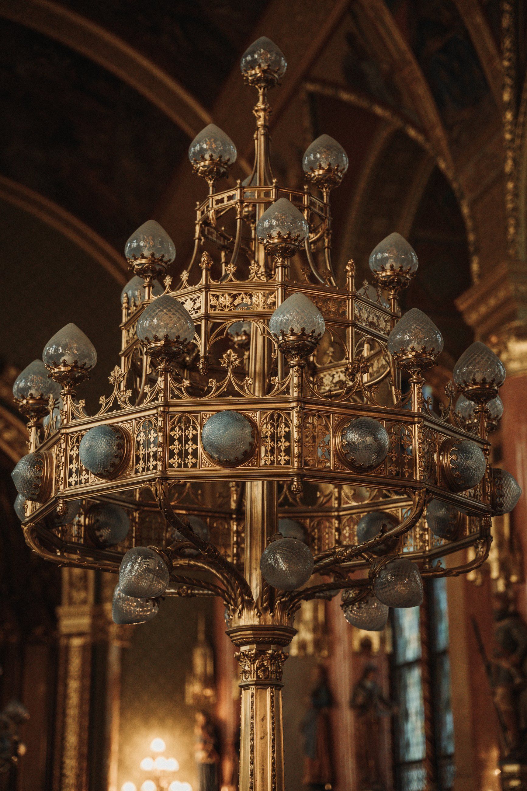 Gilded chandelier in the Hungarian Parliament