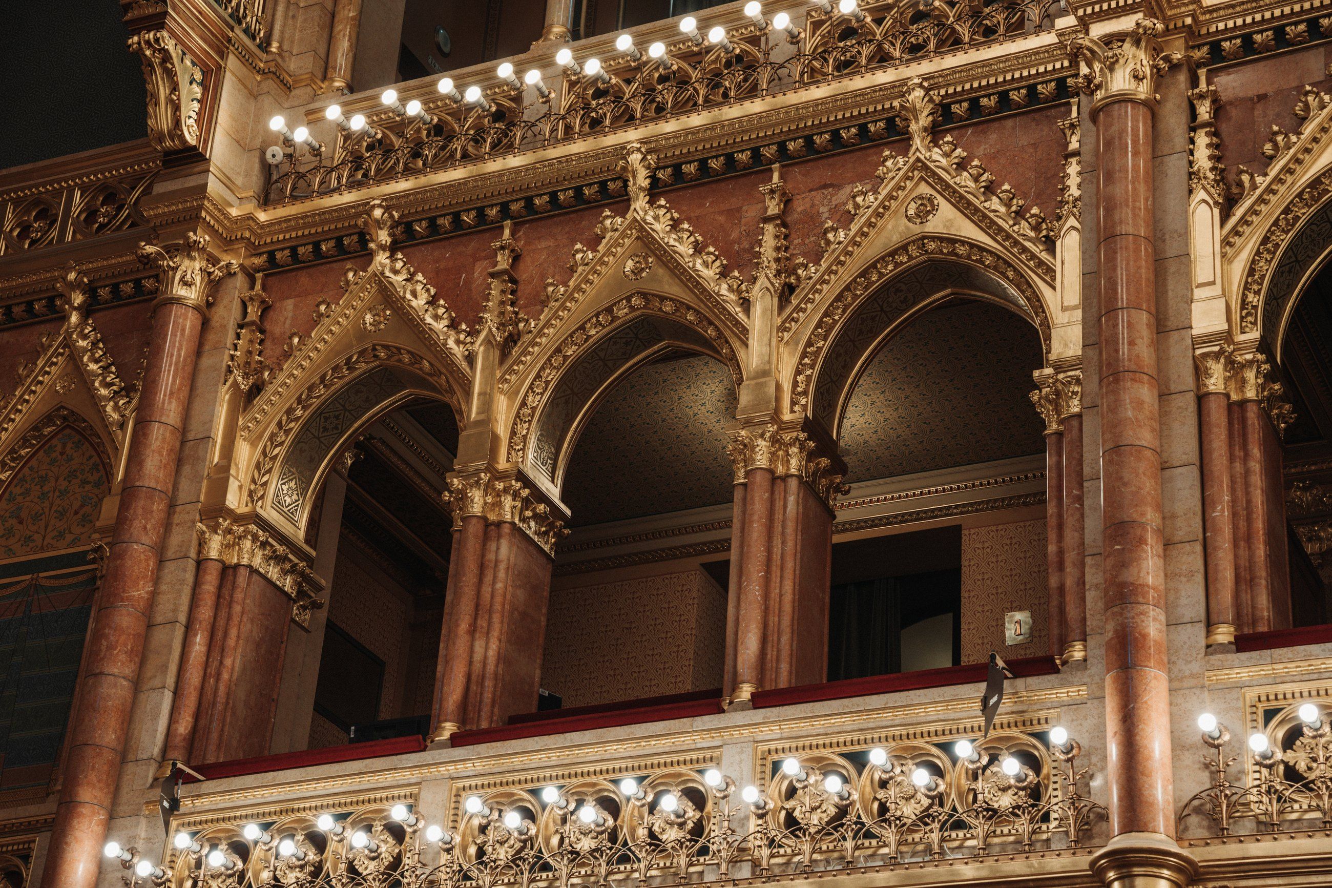 Gilded Gothic arches inside the Hungarian Parliament