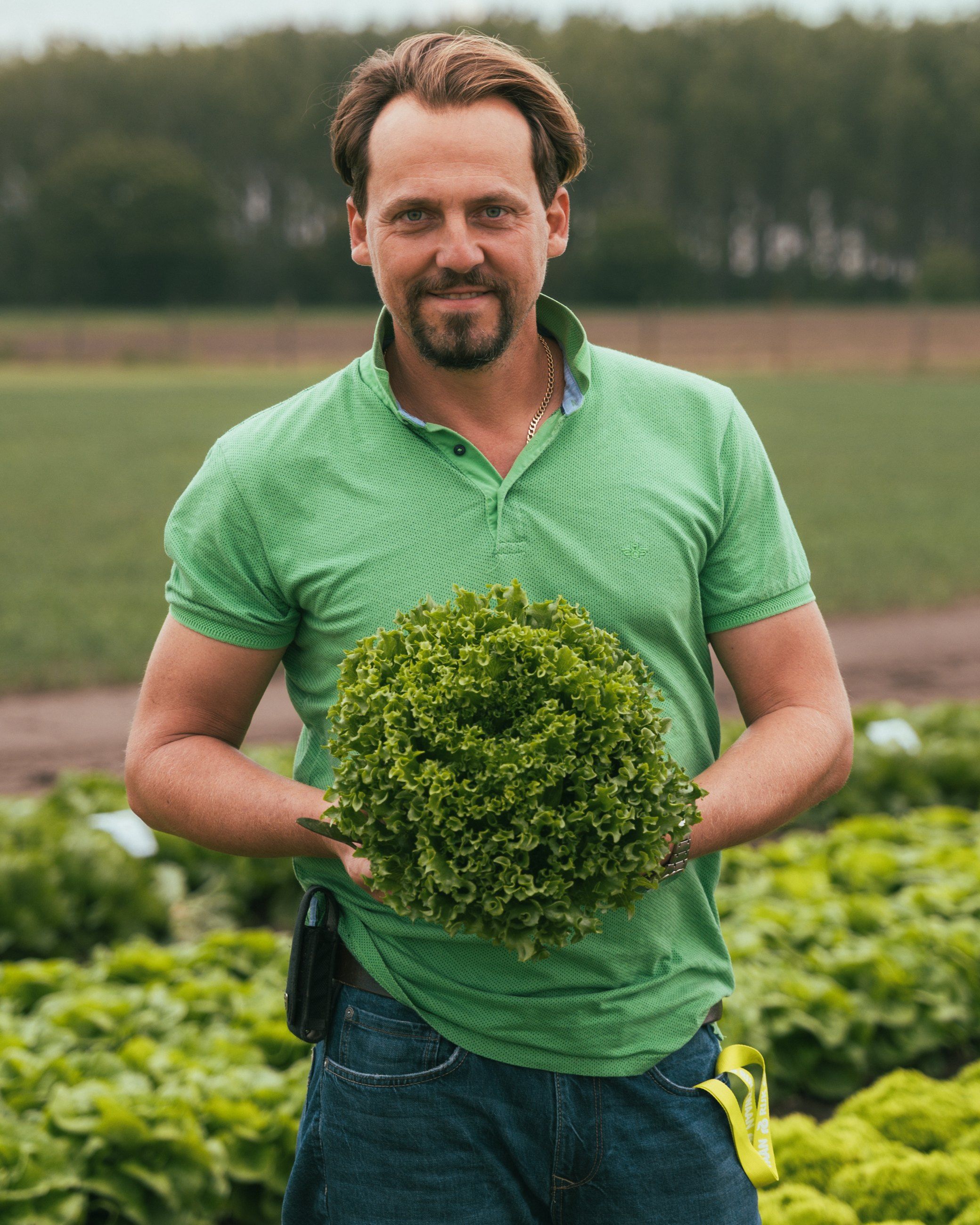 Grower holding a fresh head of lettuce in the field